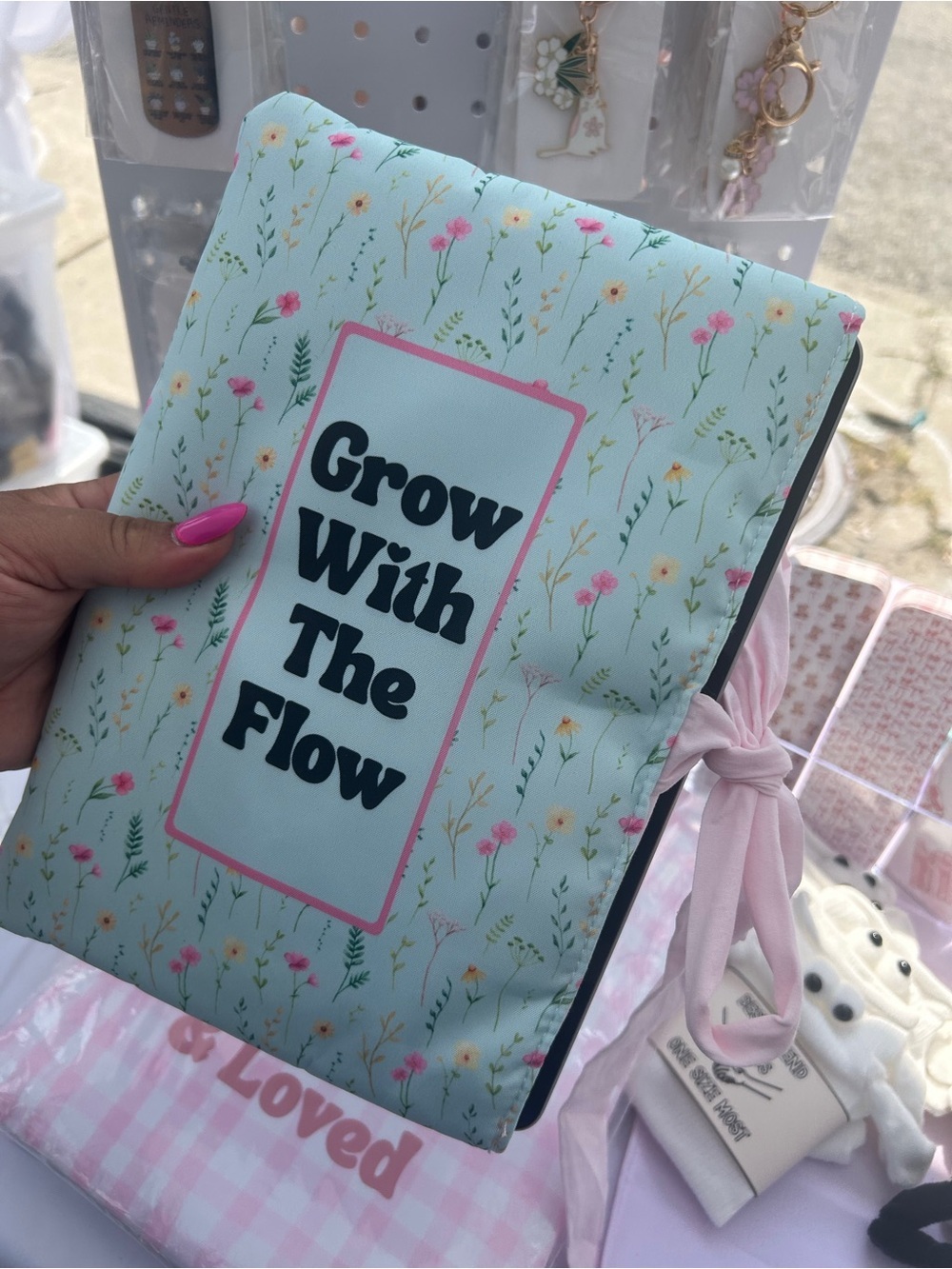 NEW “Grow With The Flow” Floral Journal/Book/Tablet Pouch Mint & Pink Handmade